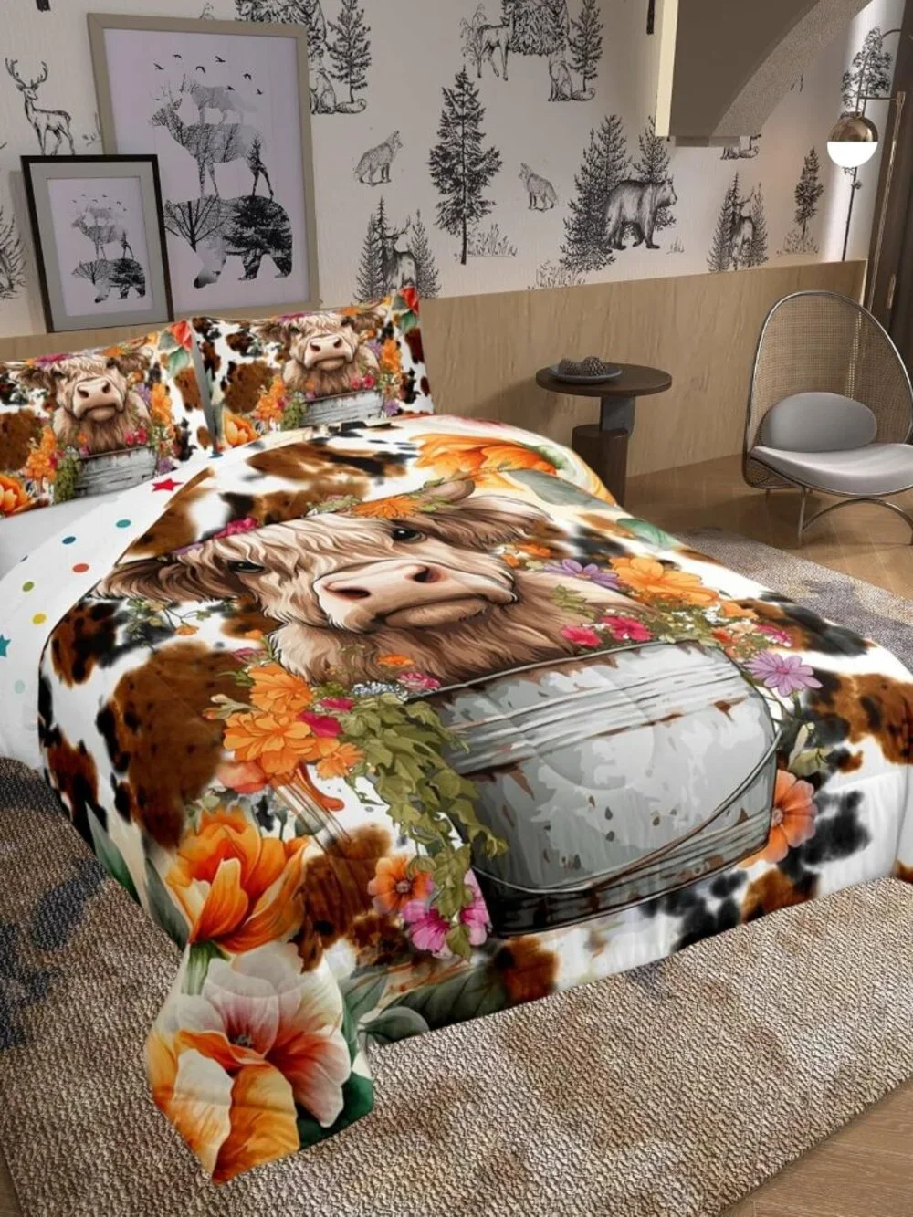 Highland Cattle Cup Comforter Set for Kids Adults,Retro Cow Skin Farmhouse Anima